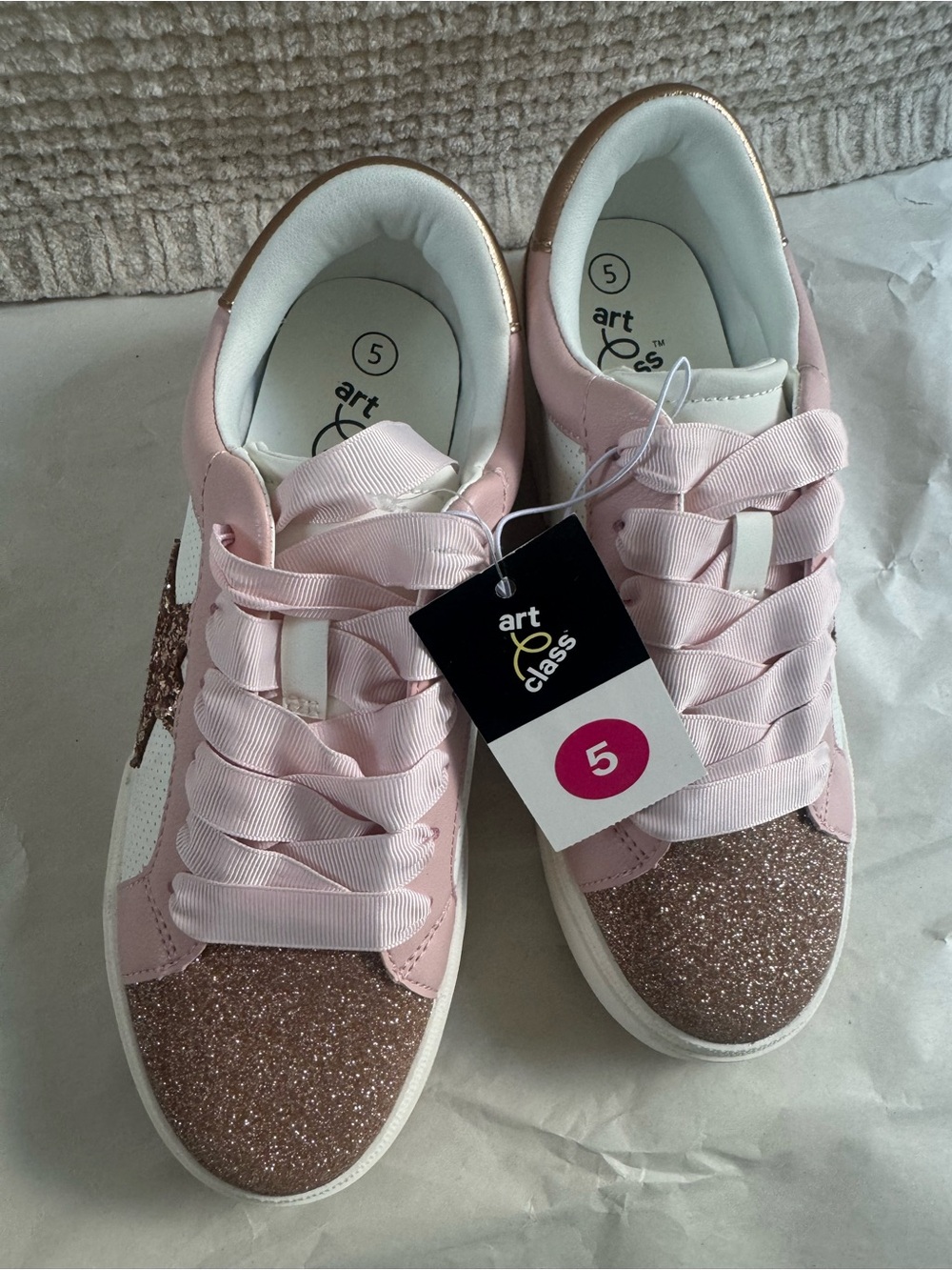 art class Pink Glitter & Ribbon Lace Girls Sneakers